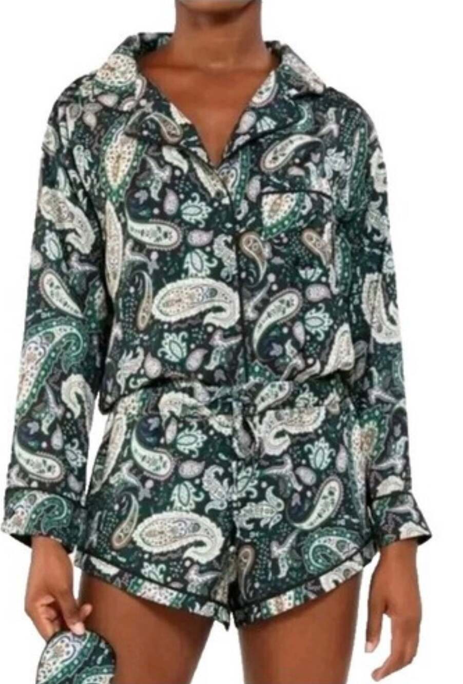 Plush Paisley Satin Pajama Set Long Sleeve Top & Shorts NWT XS